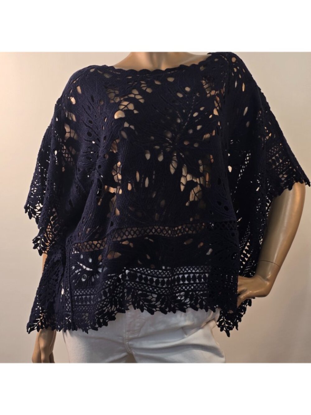 Chico's Crochet Lace Poncho Navy Blue Size S/M - Picture 2 of 8